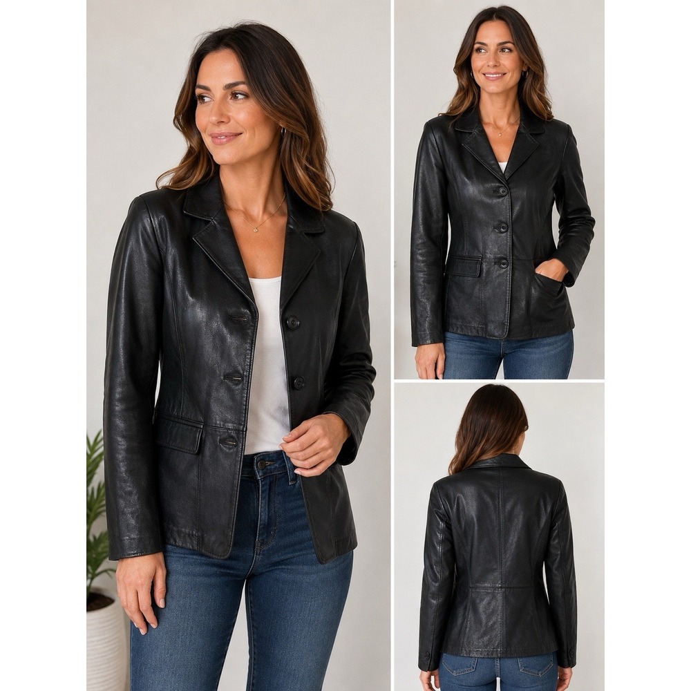Wilsons Leather Pelle Studio Black Genuine Leather Blazer Jacket Women's Size M